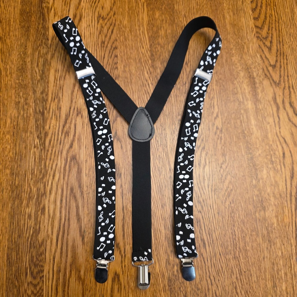 Music Note Print Suspenders Black White Adjustable Y-Back Clip-On Braces Novelty